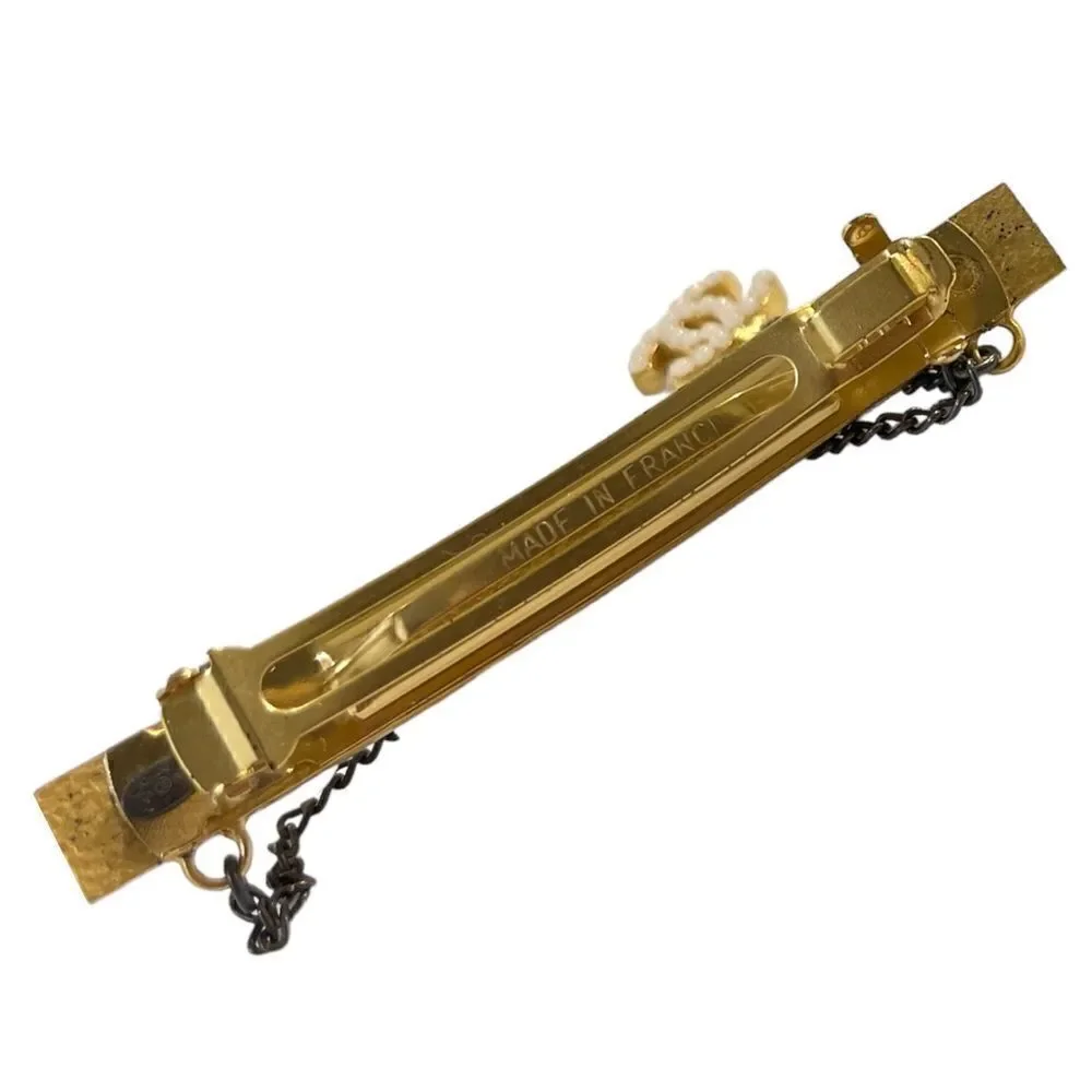 CHANEL Gold-Tone Vintage CC Logo & Faux Pearl French Snap Clip Barrette